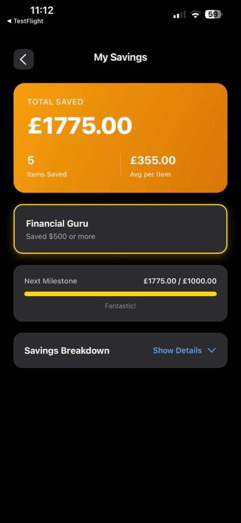 WiseBuy Savings Screen